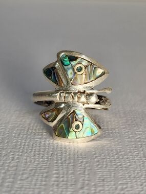 Ancestral Beauty VTG Signed 925 Silver Butterfly Insect Abalone Inlay Ring Sz 7